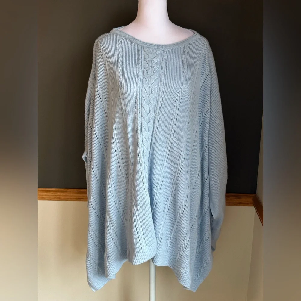 BROOKS BROTHERS Light Blue Wool Blend Cable Knit Poncho Sweater Cape ONE SIZE